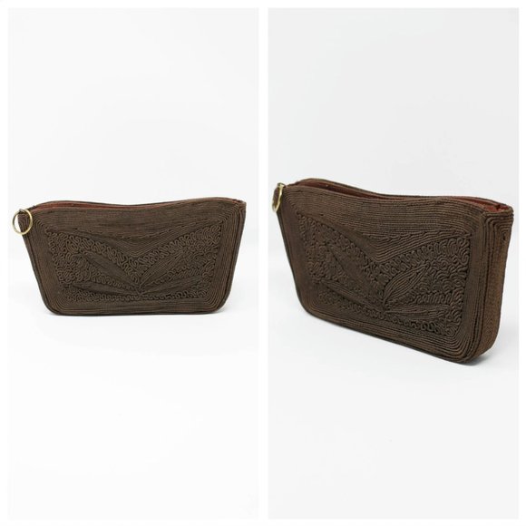 Vintage VTG 1940s Brown Corde Zipper Clutch | Clutches | Purses | Bags | Wedding - Picture 1 of 10